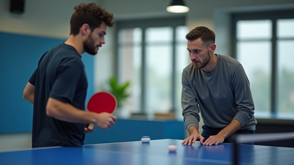 مدرب يراقب لاعب صغير يلعب على طاولة تنس بينما يأخذ ملاحظات تدريبية